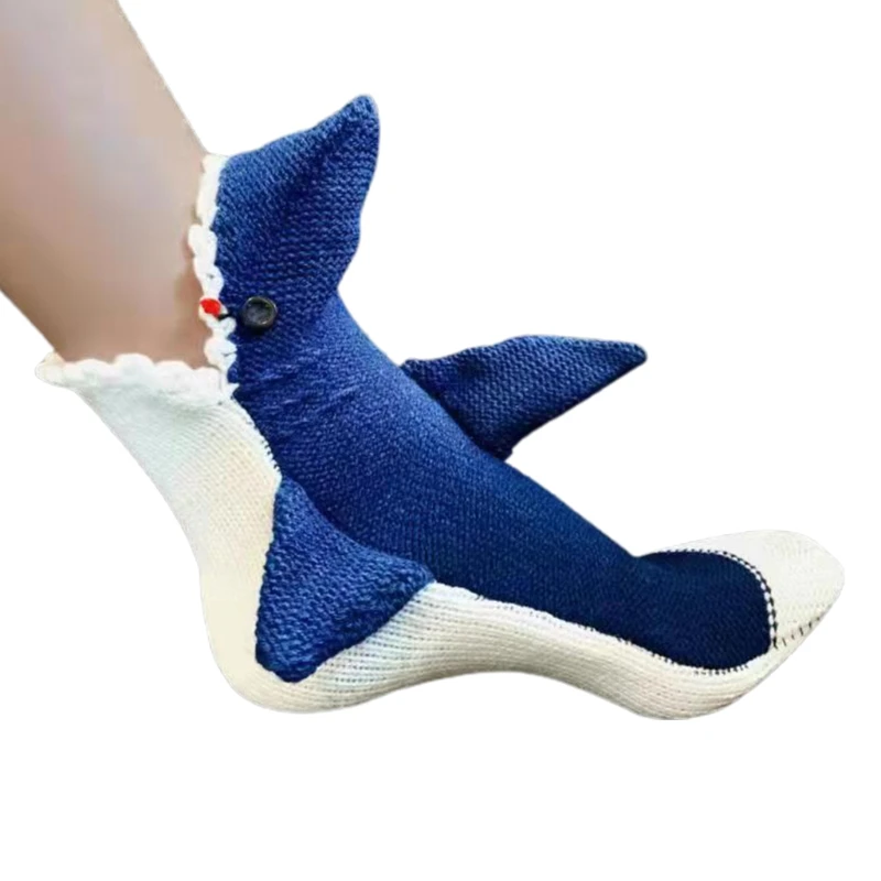 Kadın Erkek Noel Tıknaz Tığ Örgü Buzağı Çorap Yenilik Komik 3D Geniş Ağız Köpekbalığı Yeme Bacak Karikatür Hayvan Kalınlaşmak Sıcak 37JB