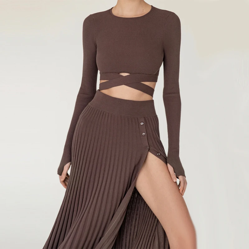 Kadın Giyim Seti Uzun Kollu 2022 İlkbahar Sonbahar Düz Renk Kadın Sonbahar Nervürlü Kırpma Üst + Bölünmüş Örme Etek Seksi Takım Elbise