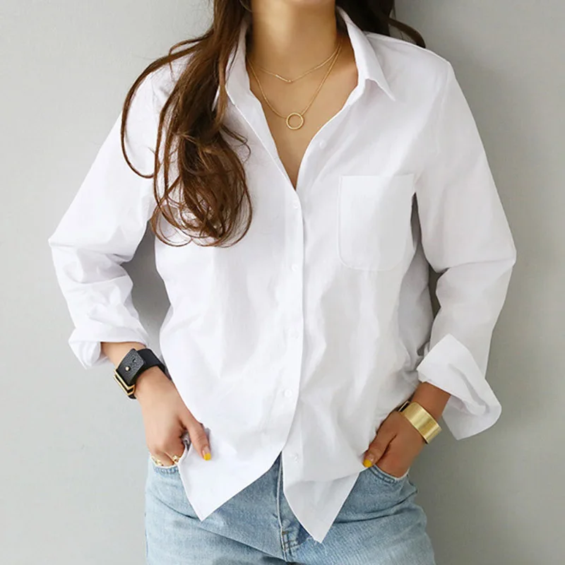 Kadın Gömlek Bluzlar 2021 Kadınsı Bluz Üst Uzun Kollu Casual Beyaz Turn-aşağı Yaka OL Stil Kadın Gevşek Bluzlar Kadın Üstleri