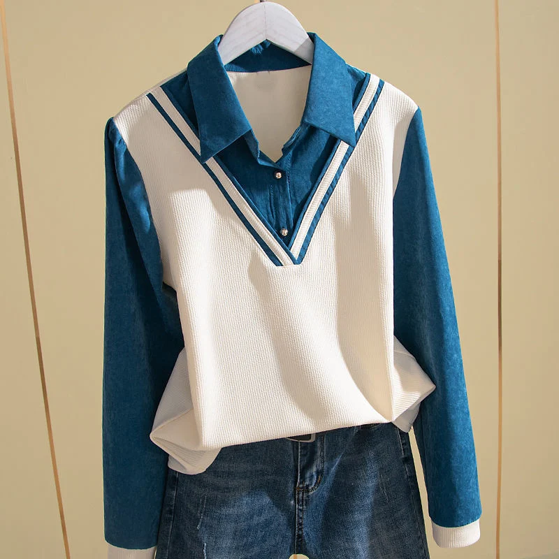 Kadın Moda Rahat Şık Sahte 2 Parça Gömlek Sonbahar Yeni Vintage Kontrast Renk Uzun Kollu Tüm Maç Bluzlar Tops Giyim 3XL