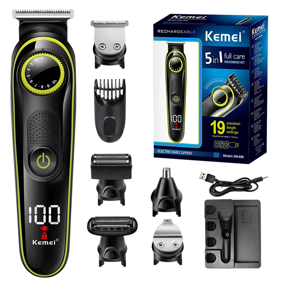 Kemei 5 in 1 LCD Elektrikli Tıraş Makinesi Uzun Sakal Elektrikli Tıraş Makinesi Çok Fonksiyonlu USB Şarj Edilebilir Burun Saç Kesim Makinesi