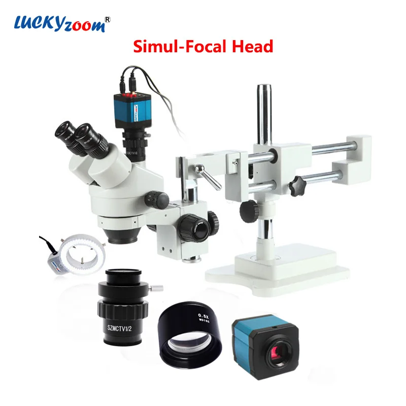 Komple 3.5 X-45X Simul-Fokal Trinoküler Mikroskop Çift Bom Standı Mikroskop 14MP Kamera 144 halka ışık Microscopio Seti