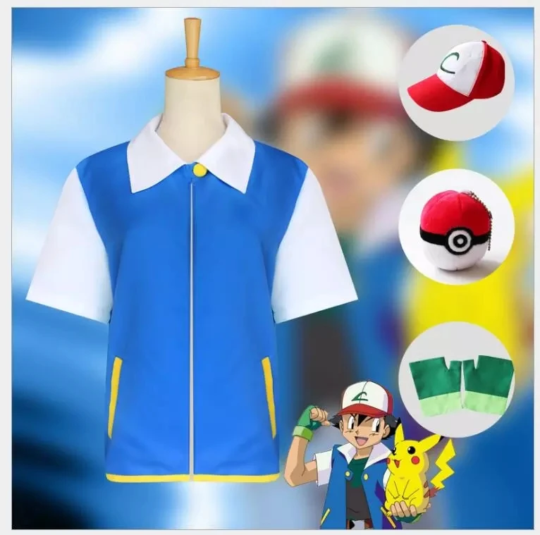 Kül Ketchum Cosplay Kostüm Mavi Ceket Şapka Eldiven Poke Topu Anime Pokemon Cosplay Cadılar Bayramı Kostümleri