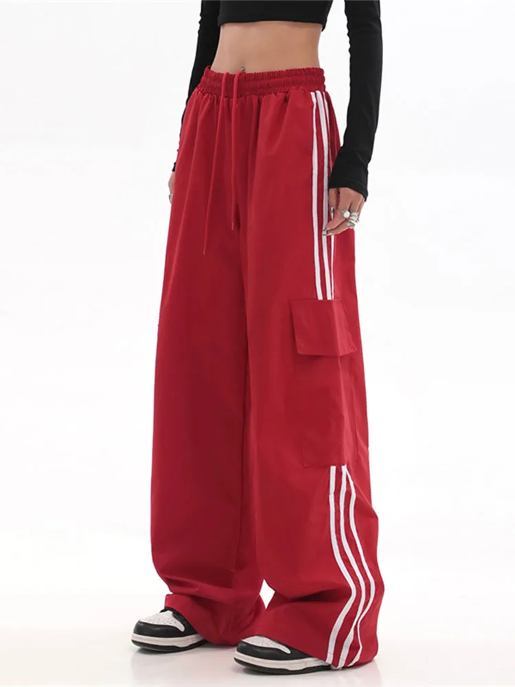 Kırmızı Sweatpants Casual Baggy Geniş Bacak 2022 Sonbahar Yüksek Bel Streetwear Kargo pantolon Bayan Hippi Joggers Pantolon Y2k Giysileri
