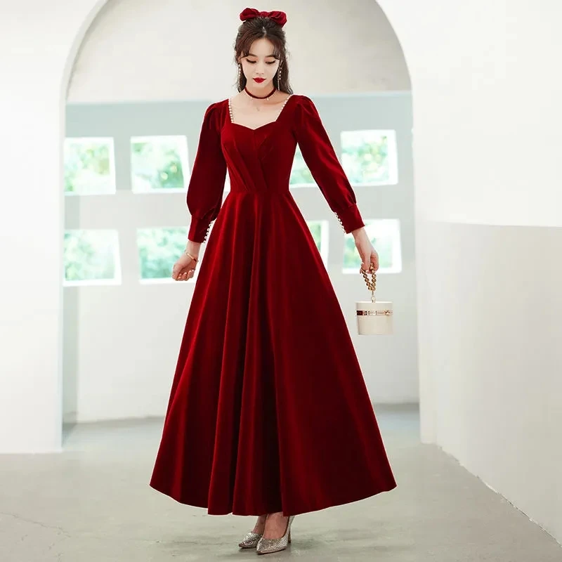 Kırmızı Uzun Kollu Vestidos de Novia 2022 İlkbahar Sonbahar Kare Yaka Katı gece elbisesi Kadınlar Zarif Elbiseler Nedime İçin Artı