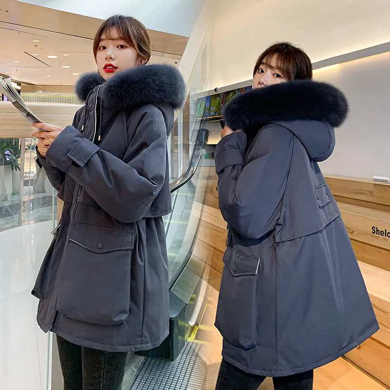 Kışlık ceketler Kadın Parkas 2022 Yeni Snowsuit Moda Uzun Kollu Gevşek Kapşonlu Kore Mont Katı Kürk Yaka Kadın Giyim