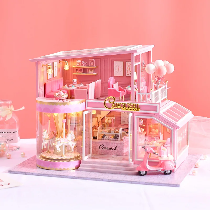 LED Atlıkarınca Prenses bebek evi mobilya dıy dollhouse ahşap dıy bebek evi minyatür dollhouse mobilya Takımı çocuk ev Oyuncak