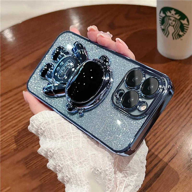 Lüks glitter spaceman katlanır stant kılıfı iPhone13 11 12 pro max x xr 7 8 artı kamera lens koruyucu elektroliz kapak