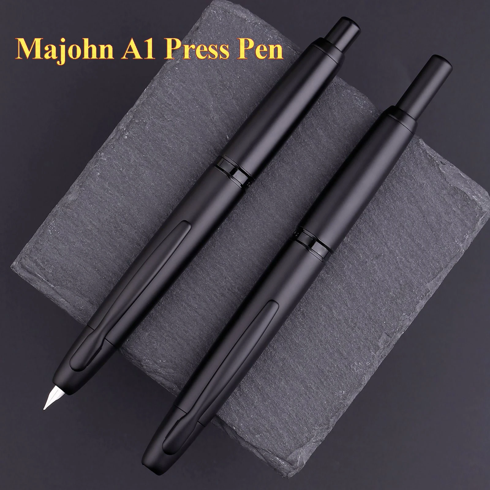 MAJOHN A1 Basın dolma kalem Geri Çekilebilir Ekstra İnce Ucu 0.4 mm Metal Siyah Klip Mürekkep Kalem Dönüştürücü İle Okul Ofis Kalemler