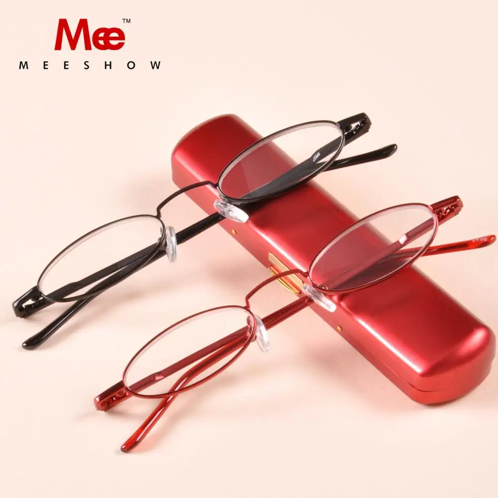 MEESHOW Paslanmaz Çelik okuma gözlüğü Kadın Erkek Yuvarlak Gözlük Alüminyum Kasa Avrupa Cep Presbiyopi +1.0 +1.5 +1.75 R1004'ün