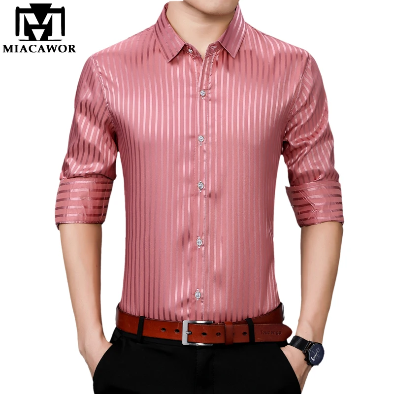 MIACAWOR Yeni Gömlek Erkekler Lüks Çizgili Elbise Gömlek Uzun Kollu Düğün Gömlek Beyaz Pembe Gömlek Slim Fit Camisas Homme C706