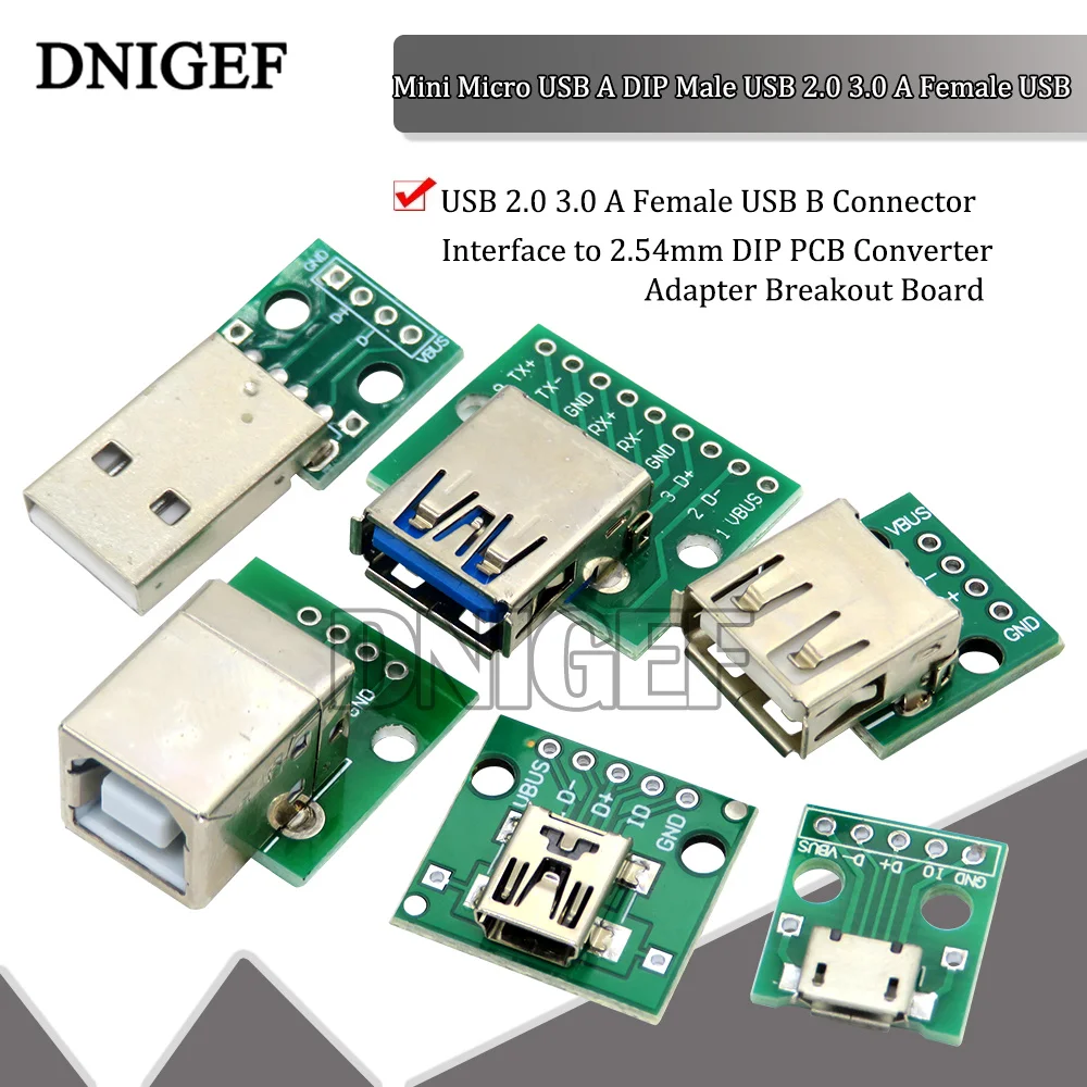 Mini mikro USB A DIP Erkek USB 2.0 3.0 A Dişi USB B Konnektör Arayüzü 2.54 mm DIP PCB Dönüştürücü Adaptör kesme panosu