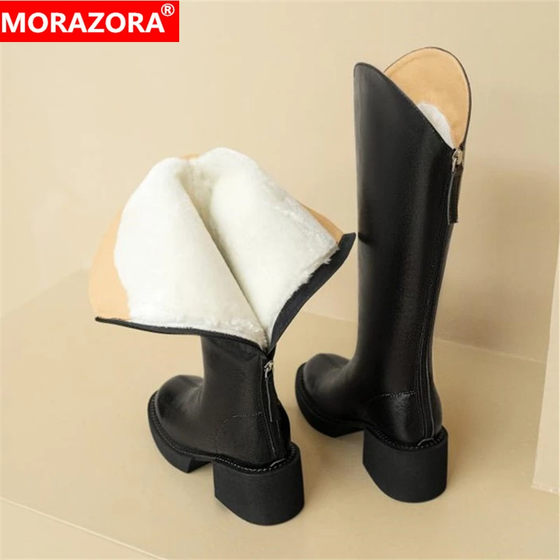 MORAZORA 2023 Yeni Boyutu 33-40 Hakiki Deri Kışlık Botlar Kadın Fermuar Diz Yüksek Çizmeler Bayanlar Platformu Kalın Peluş Kar Botları