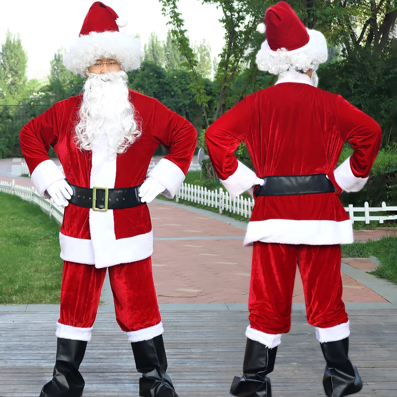 Noel Baba Cosplay Altın Kadife Malzeme Kostümleri Sakal Şapka süslü elbise Noel Erkek Kadın Takım Elbise Yetişkinler için 3XL-6XL