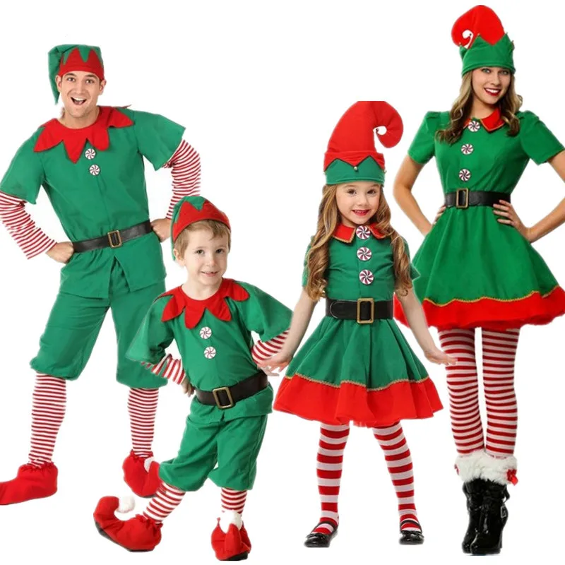 Noel Elf Noel Baba Cosplay Kostüm Aile Yeni Yıl Karnaval Noel fantezi parti elbisesi Giysileri Çocuklar Erkekler Kadınlar için