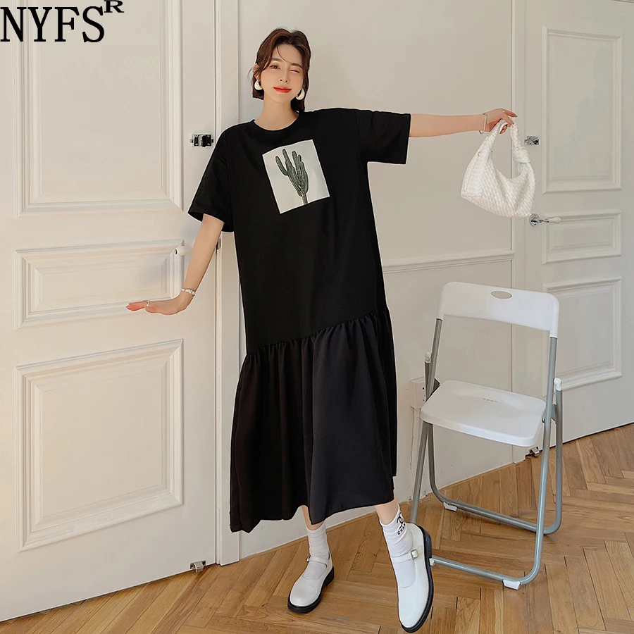 NYFS 2022 yaz elbisesi Kore Yeni Kısa Kollu Kadın Elbise Vestidos Robe Elbise Moda Kaktüs baskılı uzun elbise