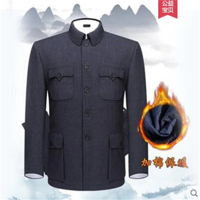 Orta yaşlı Çin tunik takım elbise setleri erkek blazers siyah artı pamuk sonbahar kış ceket baba büyükbaba kıyafet yaşlı pamuklu giysiler