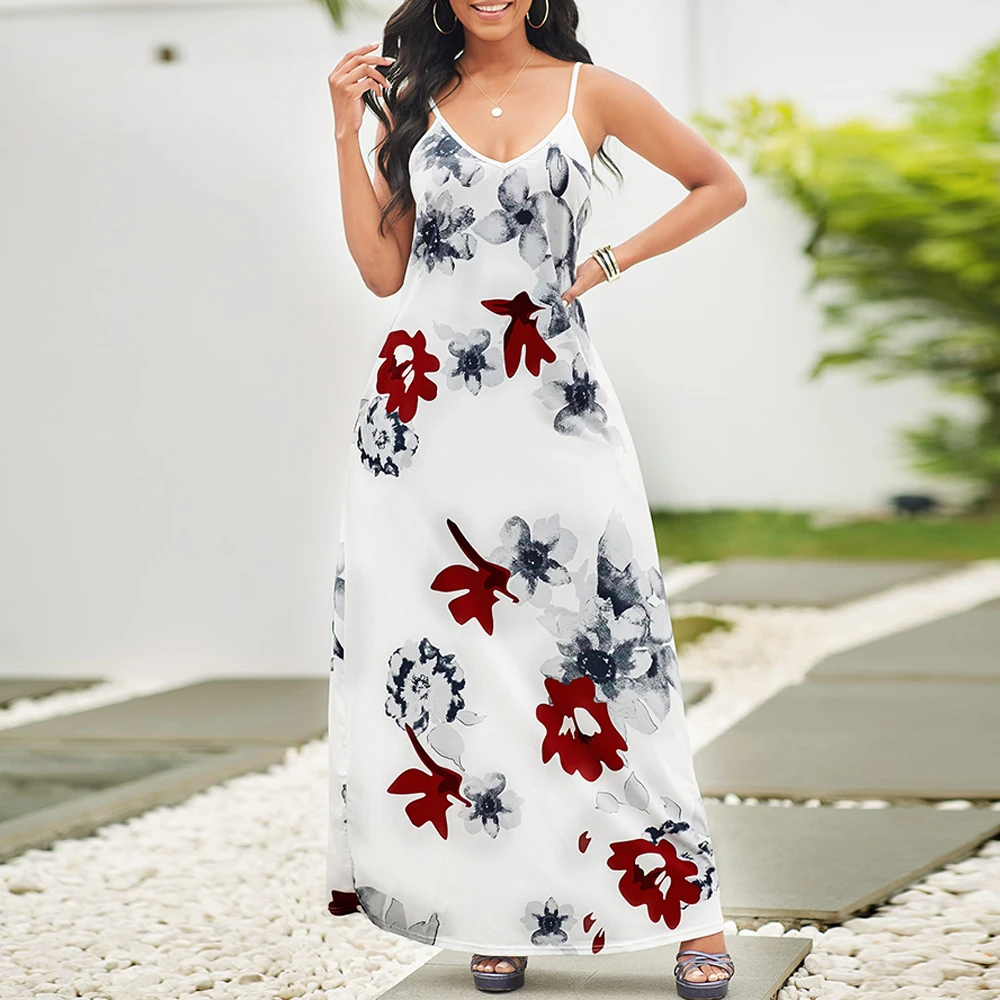 OTEN Seksi V Yaka Backless Çiçek Tropikal Yaz Spagetti Kayışı Plaj Elbise Kadınlar Beyaz Boho Parti Elbiseler Vestidos Playeros