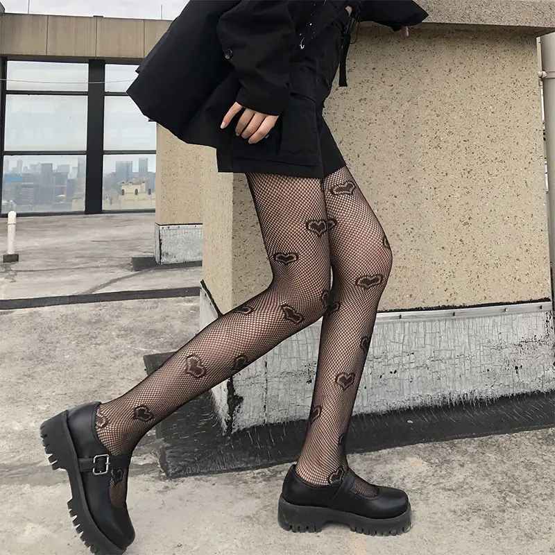 Punk kadın Tayt Kalp Çiçek Geometrik Baskı Fishnet Mesh Külotlu Japon Tarzı Seksi Naylon Çorap Çorap Siyah Tayt