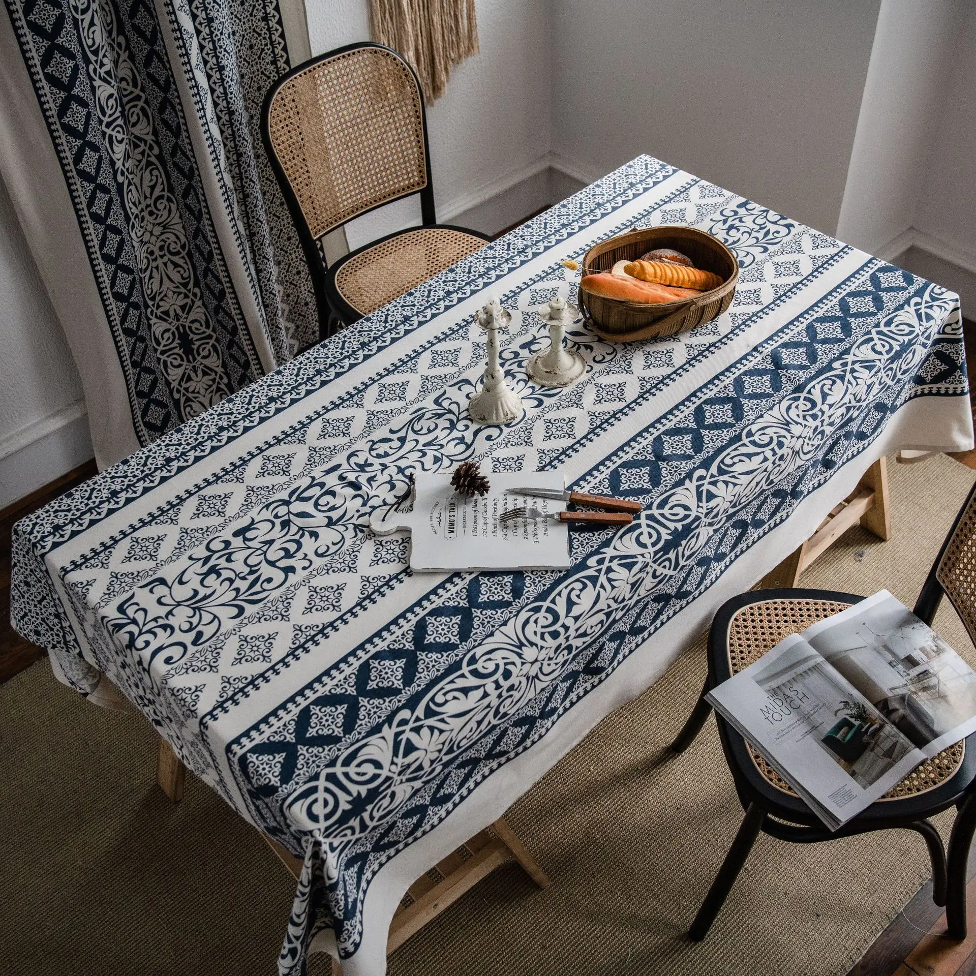 Retro Oxford Kumaş Masa Örtüsü Baskılı Mavi ve Beyaz Porselen Masa Örtüsü Ev yemek masası Örtüsü Dikdörtgen Manteles