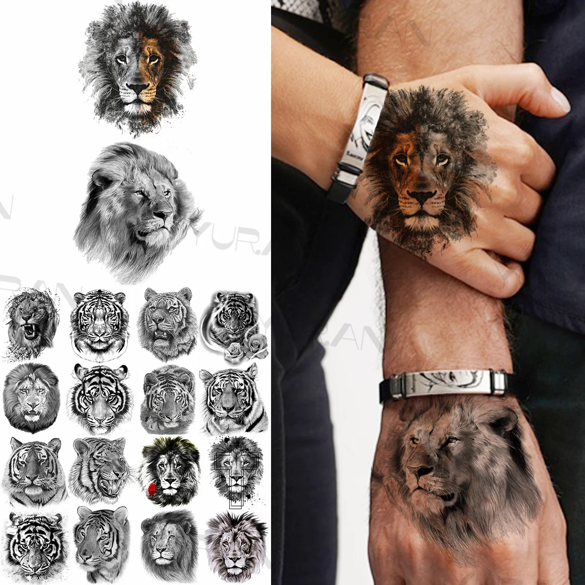 Siyah Aslan Geçici Dövmeler Kadın Erkek Gerçekçi Kaplan Geometrik Gül Çiçek Sahte Dövme Etiket Kol Vücut Dövmeler Kol Bandı