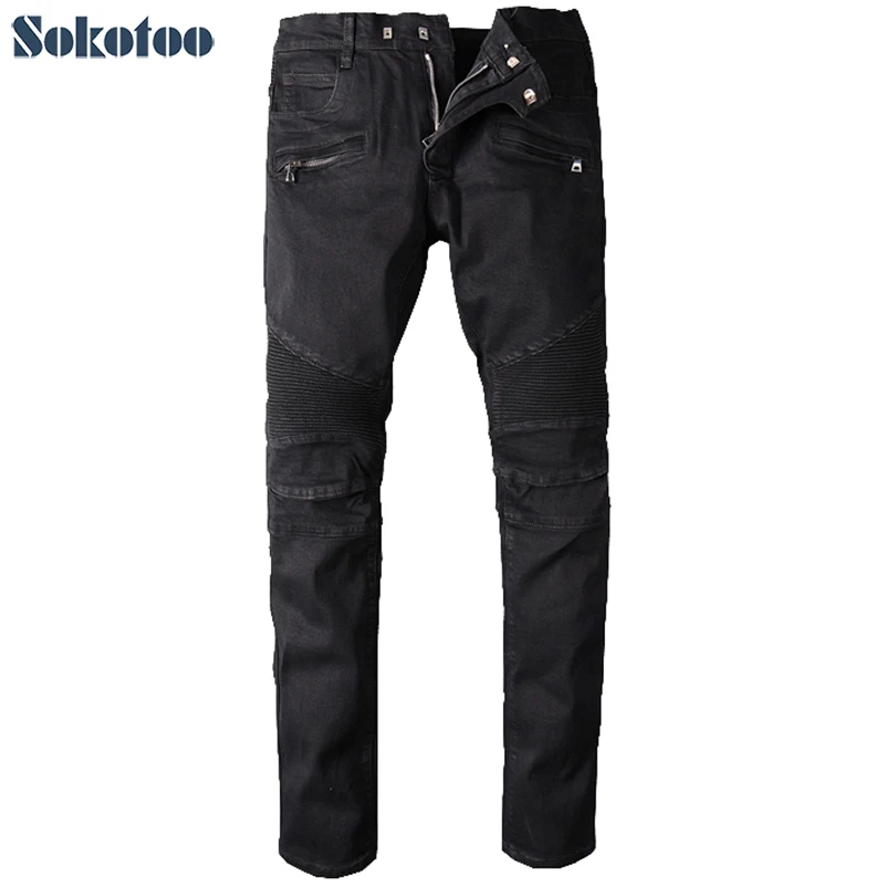 Sokotoo erkek büyük boy siyah biker jeans moto Rahat klasik streç kot pantolon Uzun pantolon
