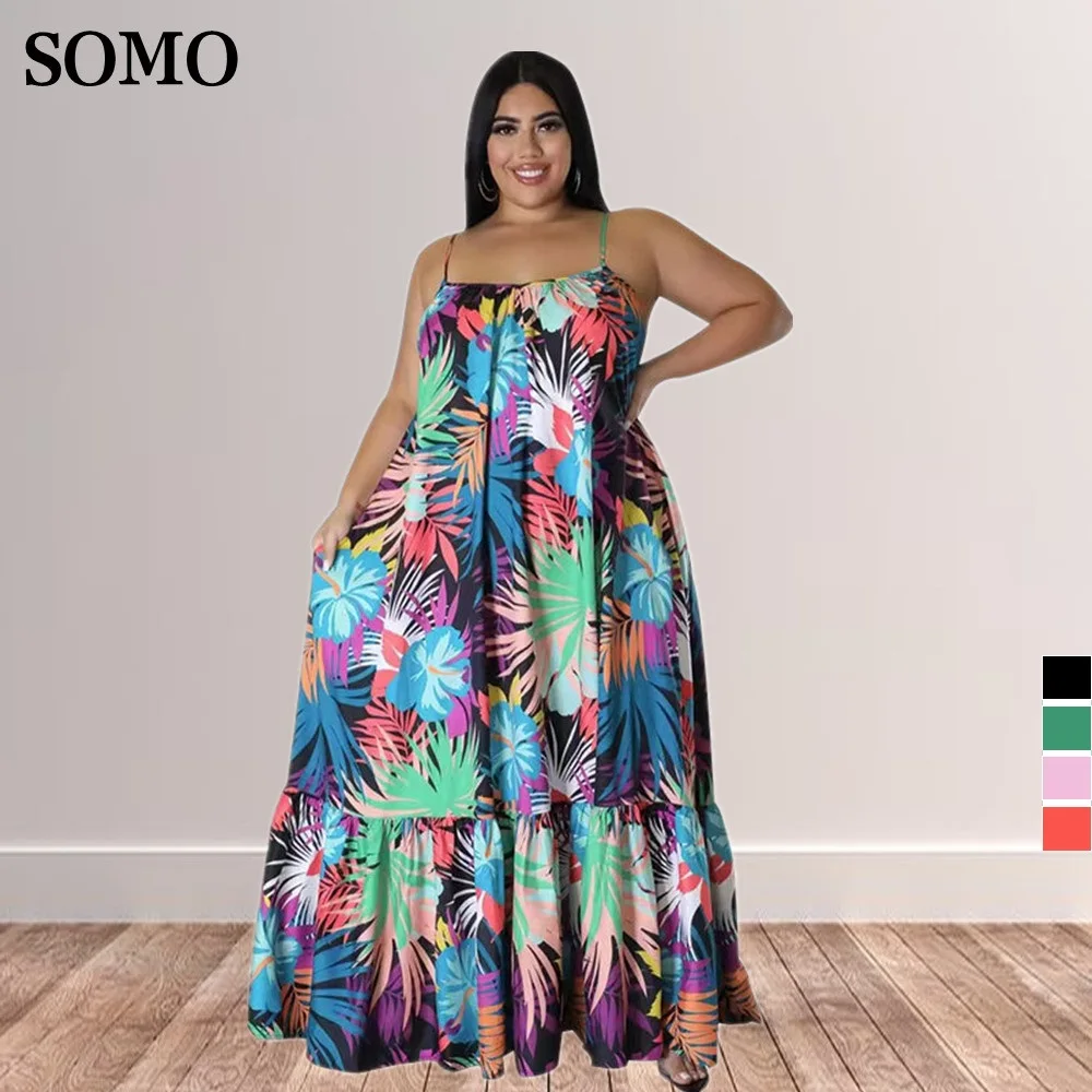 SOMO Moda Baskılı Kadın Elbiseler Artı Boyutu Yaz Kolsuz boyundan bağlamalı elbise Maxi Uzun Parti Clubwear Toptan Dropshipping