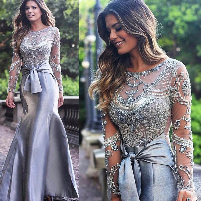 Son Muhteşem Gümüş Mermaid anne Gelin Elbiseler Uzun Kollu Boncuk Jewel Boyun Düğün Konuk Törenlerinde Yay Kemer 2022