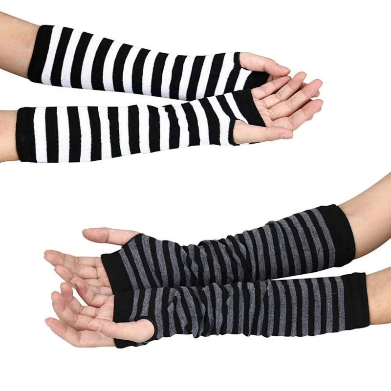 Sonbahar Kış Kadın Kız Anime Siyah Beyaz Çizgili Dirsek Eldiven ısıtıcı Örme Uzun Parmaksız Kol Eldiven Eldivenler noel hediyesi