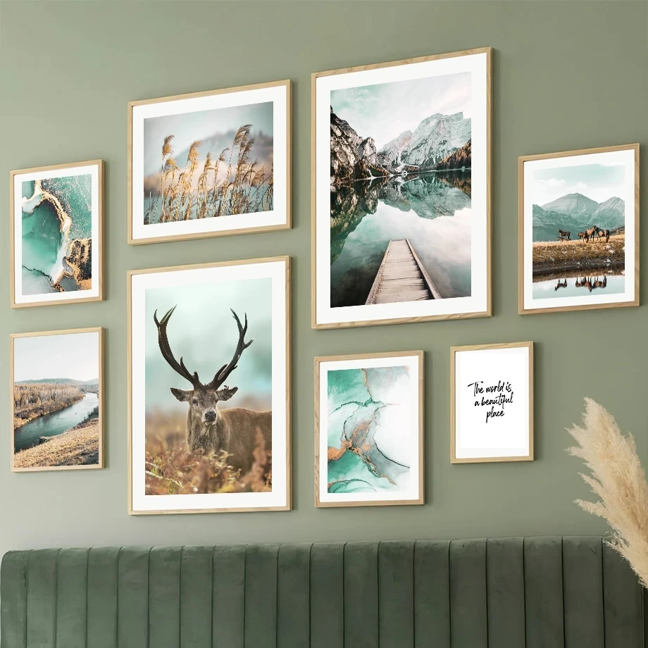 Sonbahar Manzara Resim Modern duvar sanatı tuval yağlıboya Yeşil Göl Dağ Elk Posteri ve Baskı Ev İç Oda Dekor için