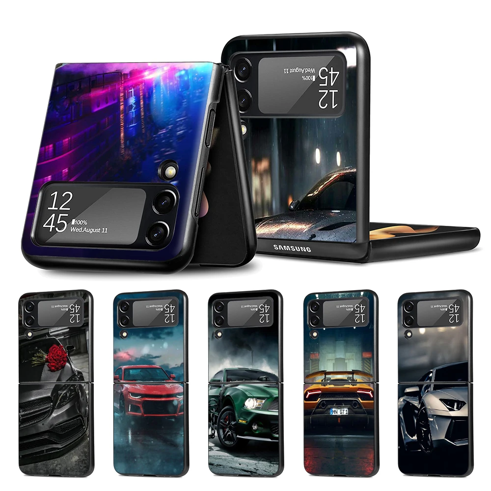 Spor Arabalar Erkek Erkekler samsung kılıfı Galaxy Z Flip3 5G Flip4 Siyah Sert cep telefonu Kapak Z Flip 3 4 Lüks PC Kabuk Zflip Coque