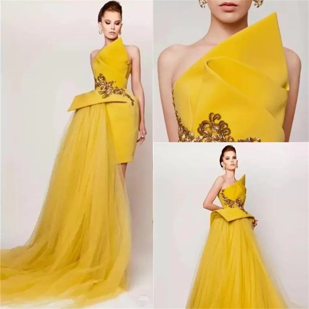 Straplez Abiye Kolsuz Sarı Vintage Bir Çizgi Balo Abiye Pageant Özel Durum Elbise Robe De Mariée Custom Made