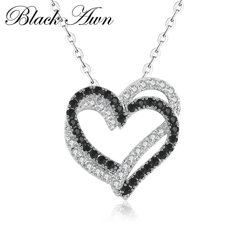 Sıyah Awn Gümüş Renk Kolye Kadın Takı Kalp Siyah & Beyaz Taş Kolye P107