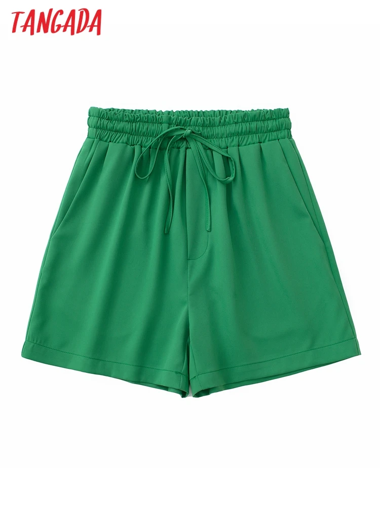 Tangada 2022 Yaz Kadın Vintage Yeşil Şort Strethy Bel Cepler Kadın Retro Rahat Şort Pantalones JE127