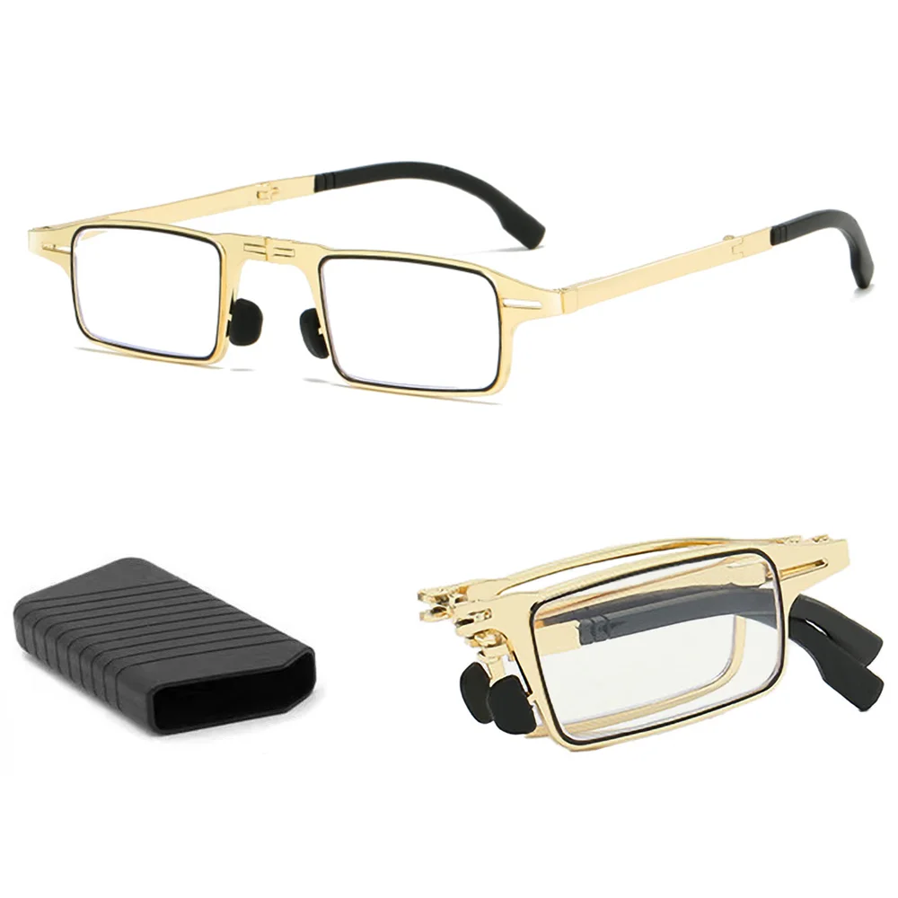 Taşınabilir Katlanır okuma gözlüğü Erkekler Metal Yuvarlak Kare Anti mavi ışık Gözlük Presbiyopi Gözlük Çerçevesi Diyoptri + 1.0 ila + 4.0