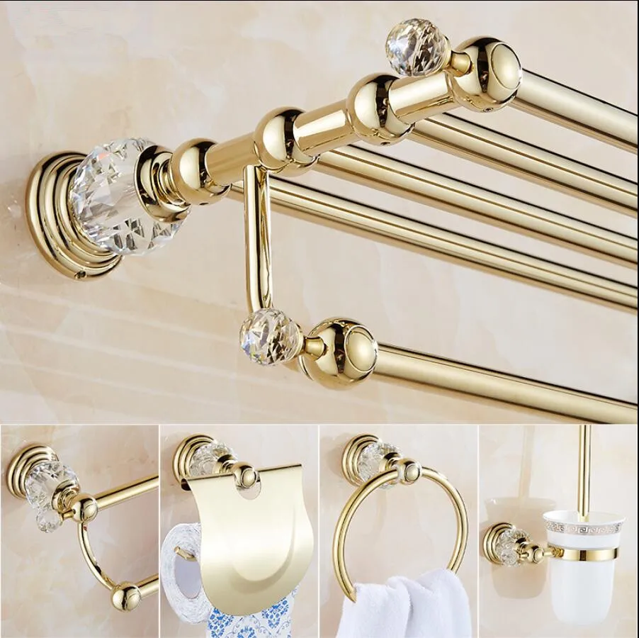 Temizle Kristal Banyo Aksesuarları Setleri Gümüş Cilalı Altın Havlu Askısı Tuvalet Fırçası Tutucu Prinç Banyo Donanım Setleri