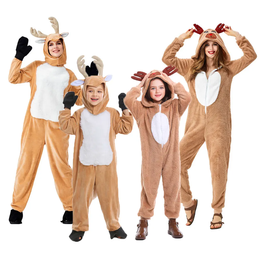 Umorden Unisex Yetişkin Çocuk Noel Ren Geyiği Kostüm Kız Kadın Kapşonlu Rahat Açık Kahverengi Geyik Kostüm Cosplay Onesie Karikatür Pijama