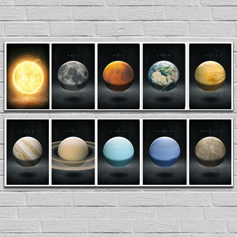 Uzay Tema Gezegenler Posterler Baskılar Güneş Merkür Venüs Toprak Mars Jüpiter Satürn Uranüs Neptün Pluto Sanat Tuval Boyama Resimleri