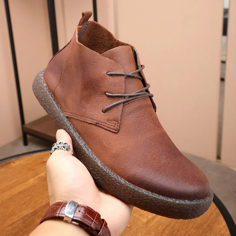 Vintage Hakiki Deri yarım çizmeler Bahar Sonbahar Yüksek Top rahat ayakkabılar Tam Tahıl Dikiş Yumuşak Alt lastik çizmeler GZ2258