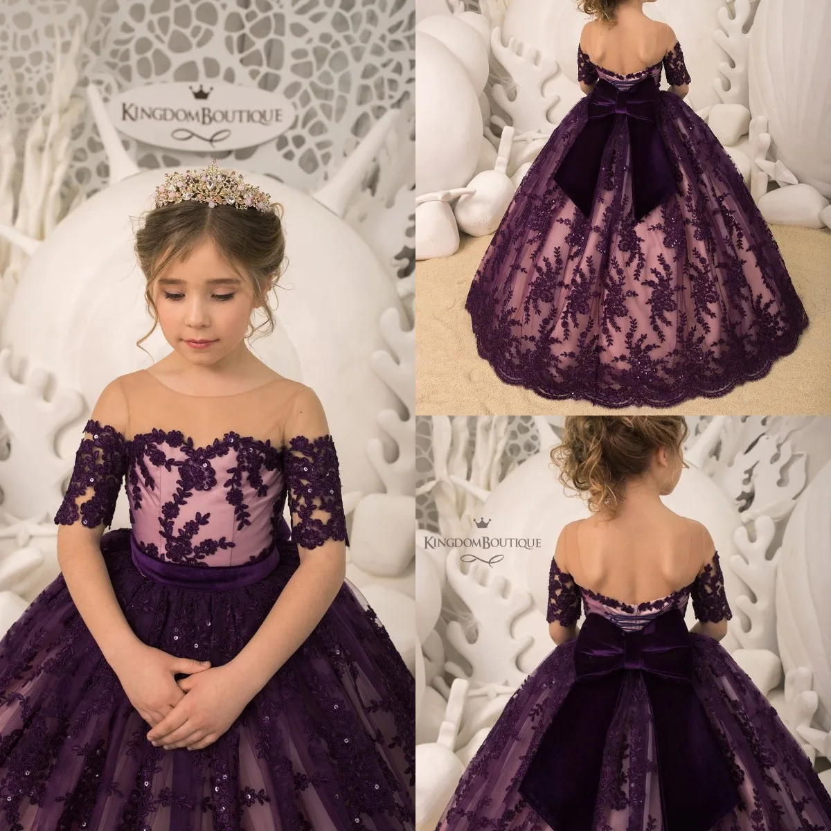 Vintage Mor Balo Çiçek Kız Elbise Düğün İçin Boncuklu Dantel Kısa Kollu Toddler Kız Pageant Elbise Çocuklar resmi giysi