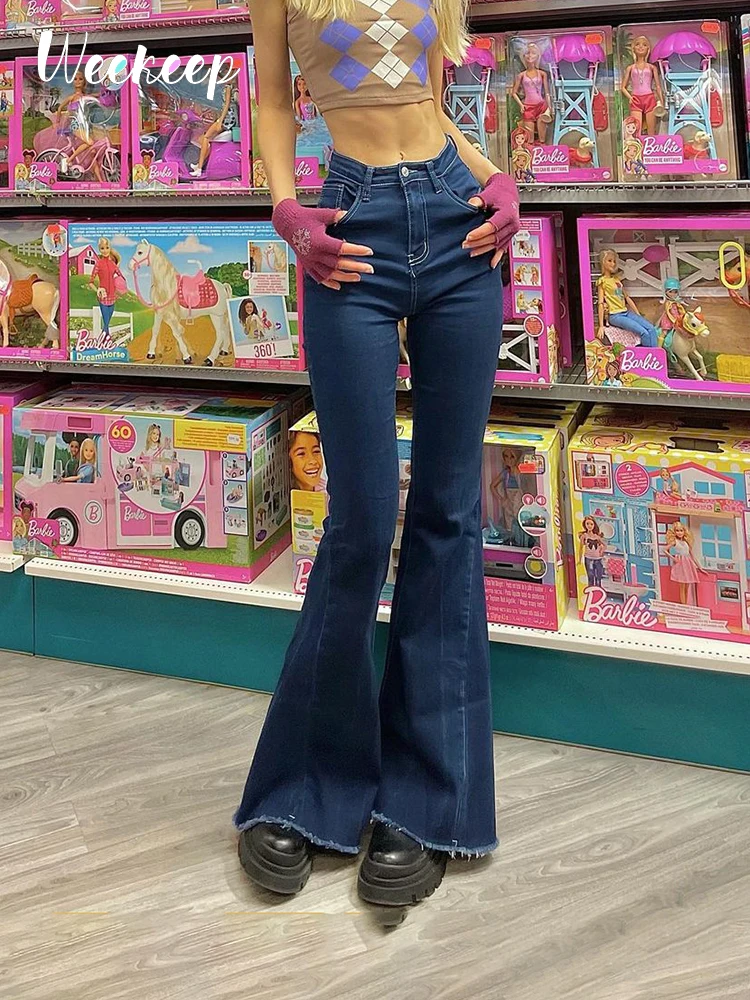 Weekeep Kadın Streetwear Boot Cut Flare Kot Yüksek Bel Katı Skinny Denim Pantolon Yaz Rahat Mavi Pantolon Kore Moda Kapriler