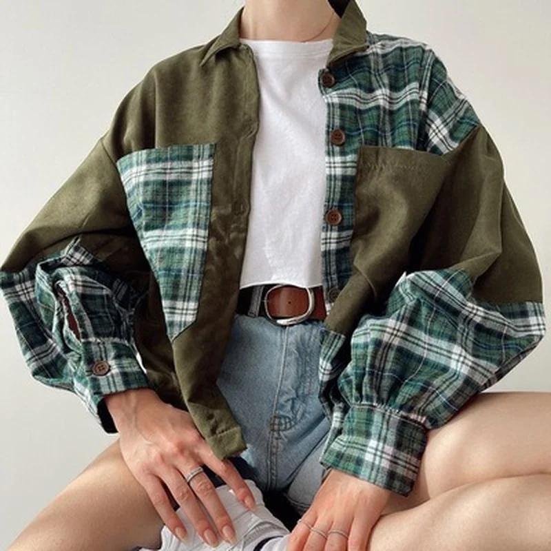 WeıYao Peri Grunge Vintage Argyle Ekose Gömlek Kadın Tek Göğüslü E Kız Estetik Uzun Kollu Sonbahar Üstleri Ve Bluzlar Yeni