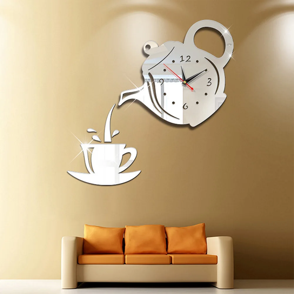 Yaratıcı DIY Akrilik Kahve Fincanı Demlik 3D DIY duvar saati Dekoratif Mutfak duvar saati s Oturma Odası Yemek Odası Ev Dekor Saat