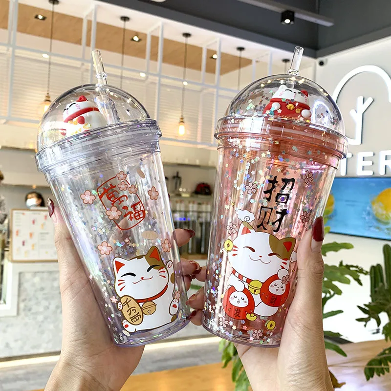 Yaratıcı Şanslı Kedi Su Şişesi Saman İle Japon Pembe Sevimli Buz Kupası Çocuklar Kızlar İçin Çift duvar İçme Bardağı hediyeler için