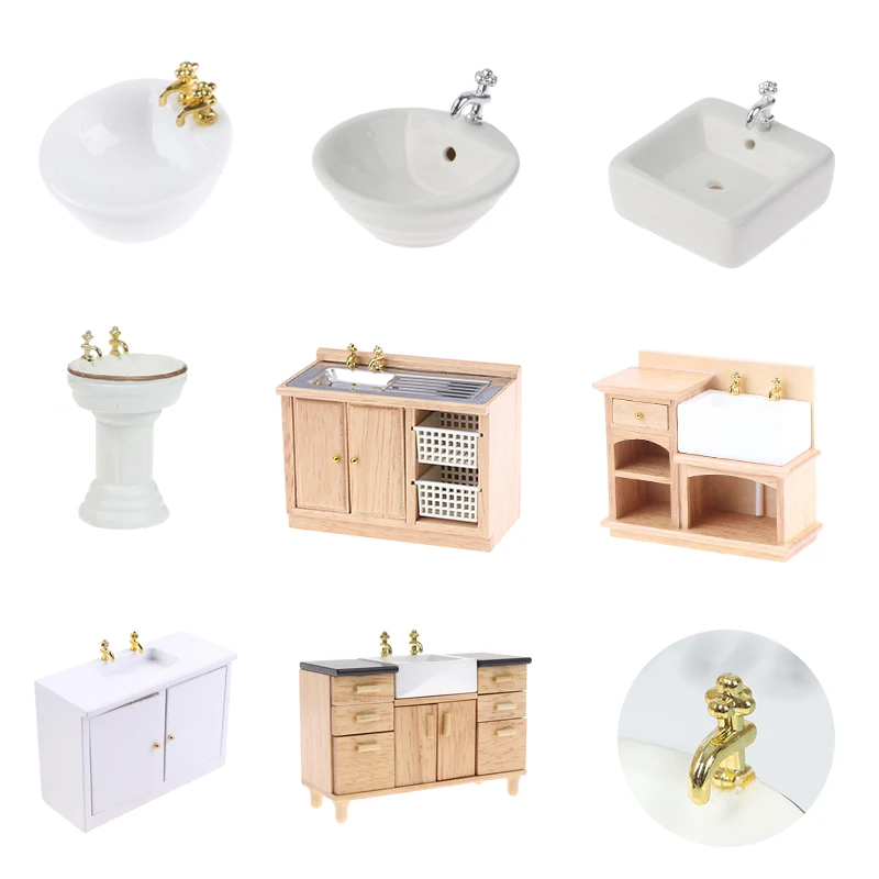 Yeni 1/12 Ahşap lavabo Dolabı Seramik El Lavabo Minyatür Mobilya Oyuncaklar Dollhouse Banyo Mutfak Aksesuarları