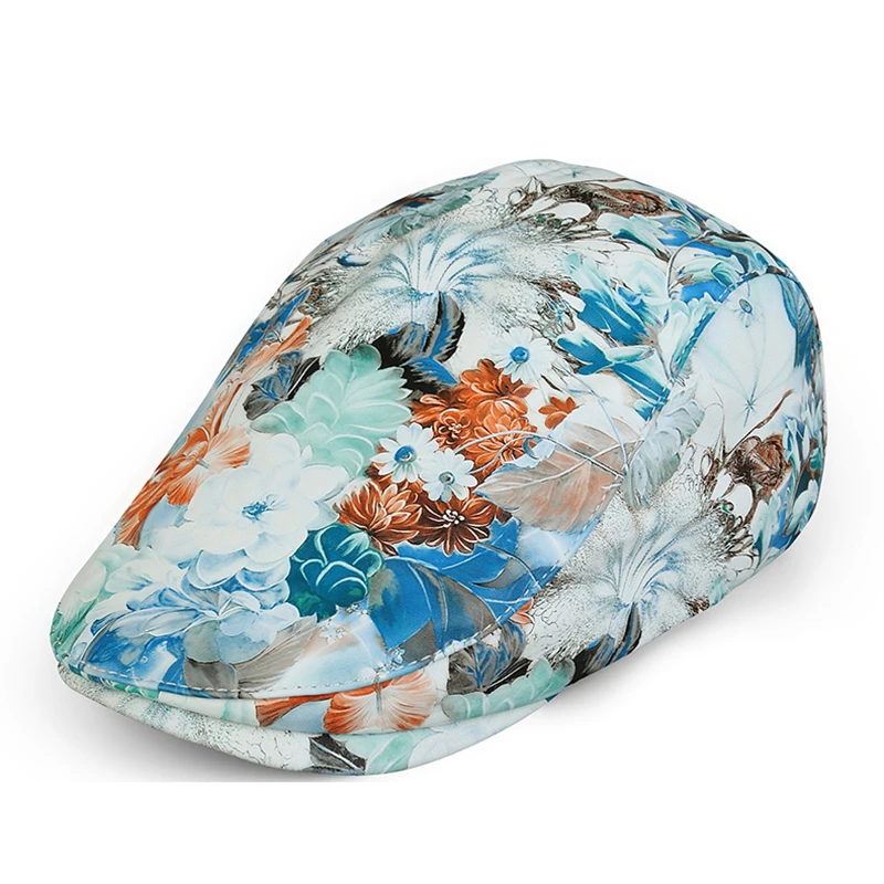 Yeni 2020 Kadın Şapka Gerçek Deri Baskı Düz Kap Koyun Derisi Deri Çiçek İngiliz Vintage Tasarımcı Marka Sonbahar Kış Bere Şapka