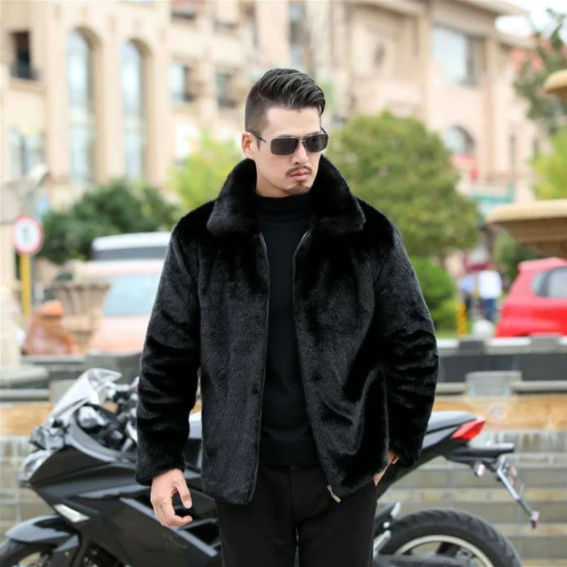 Yeni Kış Taklit Vizon Kürk Palto Erkekler Ceket Kalın Turn Down Yaka / Kapşonlu Faux Kürk Ceket Erkek Siyah Palto