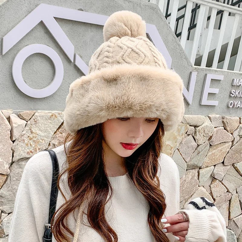 Yeni Stil Bayanlar Kürk Topu Artı Kadife Sıcak Hood Açık Sonbahar ve Kış Soğuk geçirmez Moda Sevimli Yün Şapka Toptan