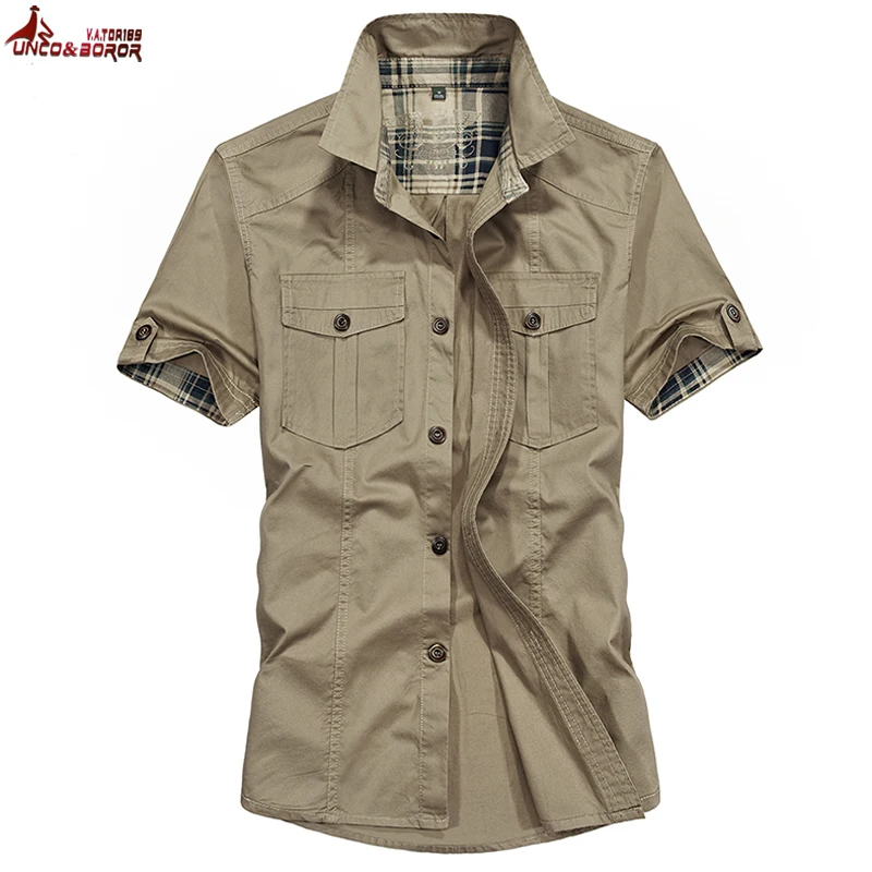 Yeni Yaz erkek %100 % Pamuk Ordu Askeri Kısa Kollu Gömlek Nefes Chemise homme Gevşek rahat elbise Gömlek Erkek Giyim