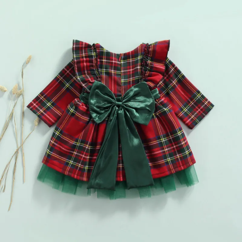 Yenidoğan Noel Elbise, bebek Kız Ekose Sinek Kollu Yuvarlak Boyun Büyük İlmek Örgü Patchwork Elbiseler